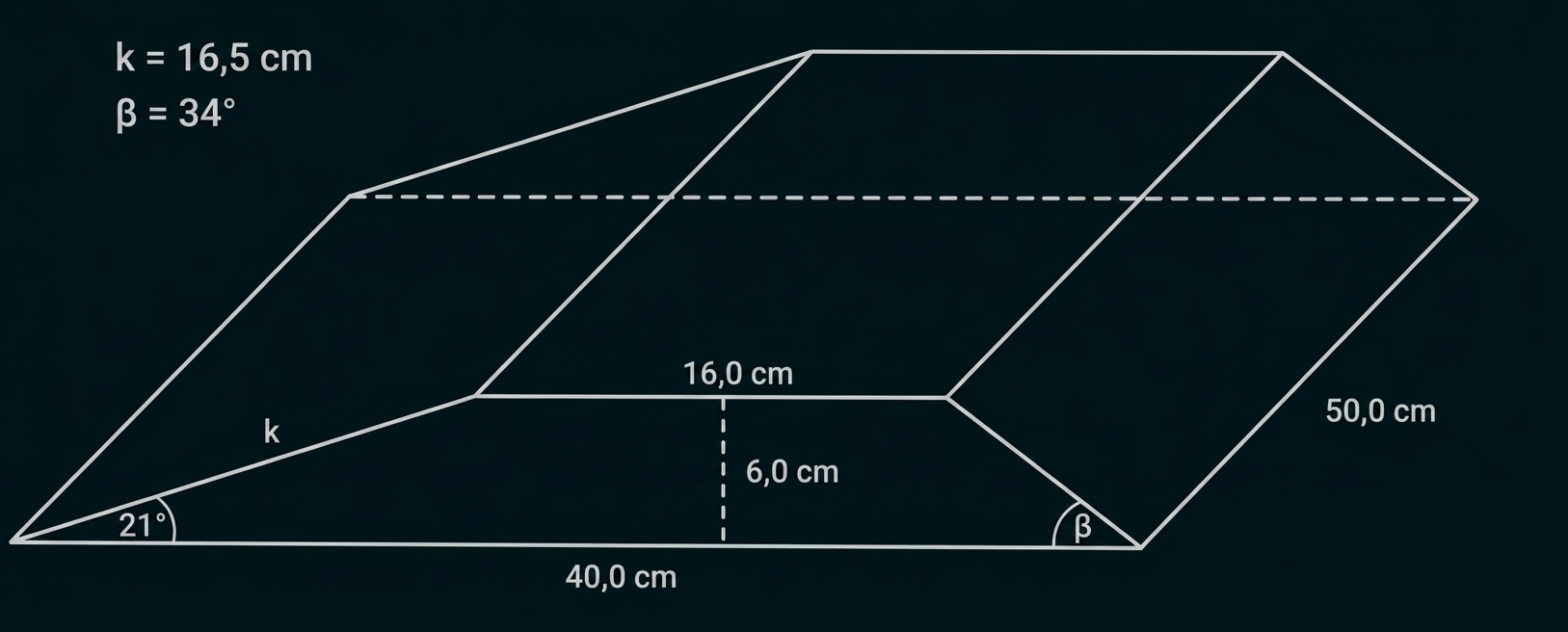 Geometrische Skizze mit Maßangaben und Winkeln eines Körpers.
